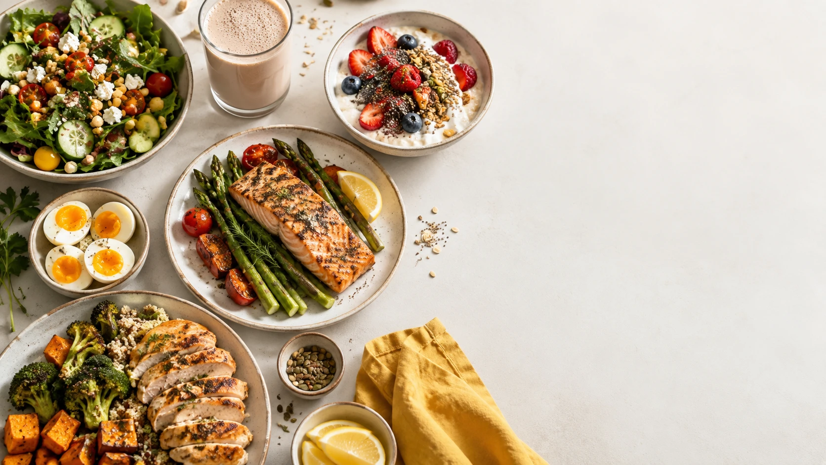 A spread of high-protein meals — grilled salmon, chicken and vegetables, salad, yoghurt with berries and a protein shake