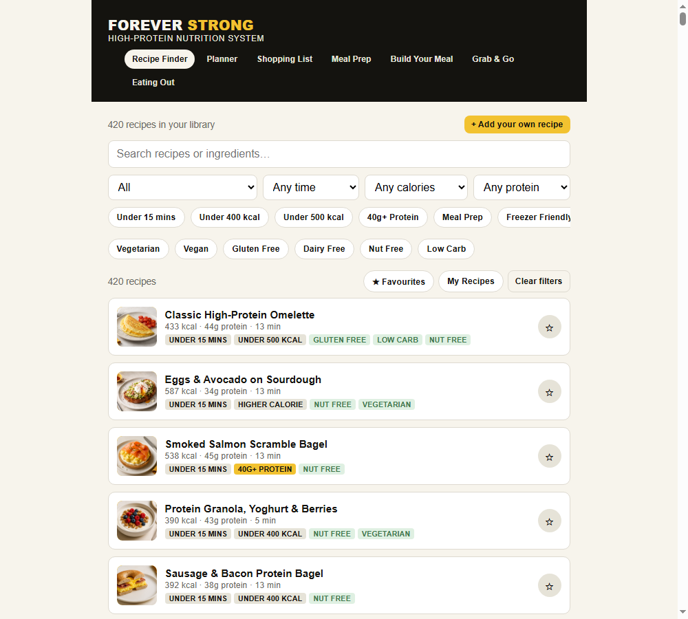The Forever Strong recipe finder, showing 420 recipes with filters for diet, time, calories and protein